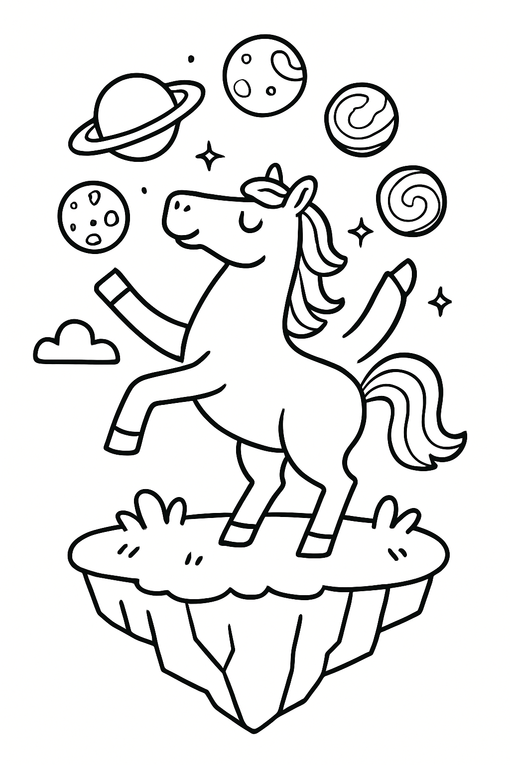 horse juggling planets atop a floating island