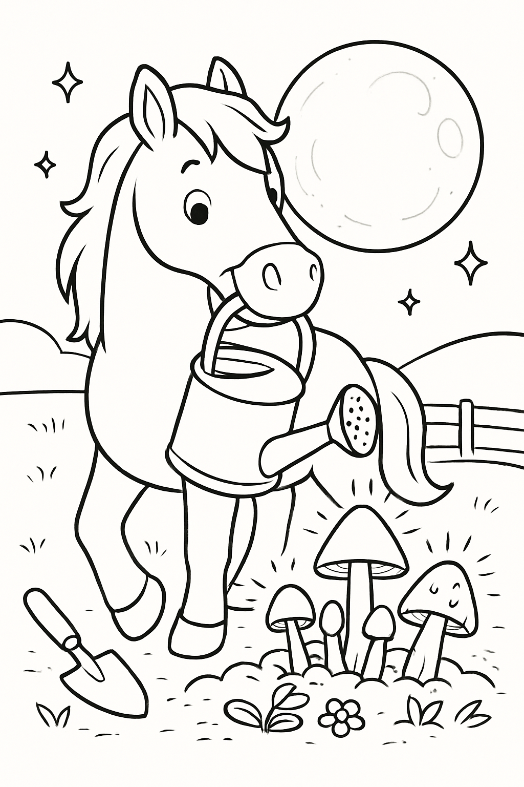 horse gardening bioluminescent mushrooms under moonlight