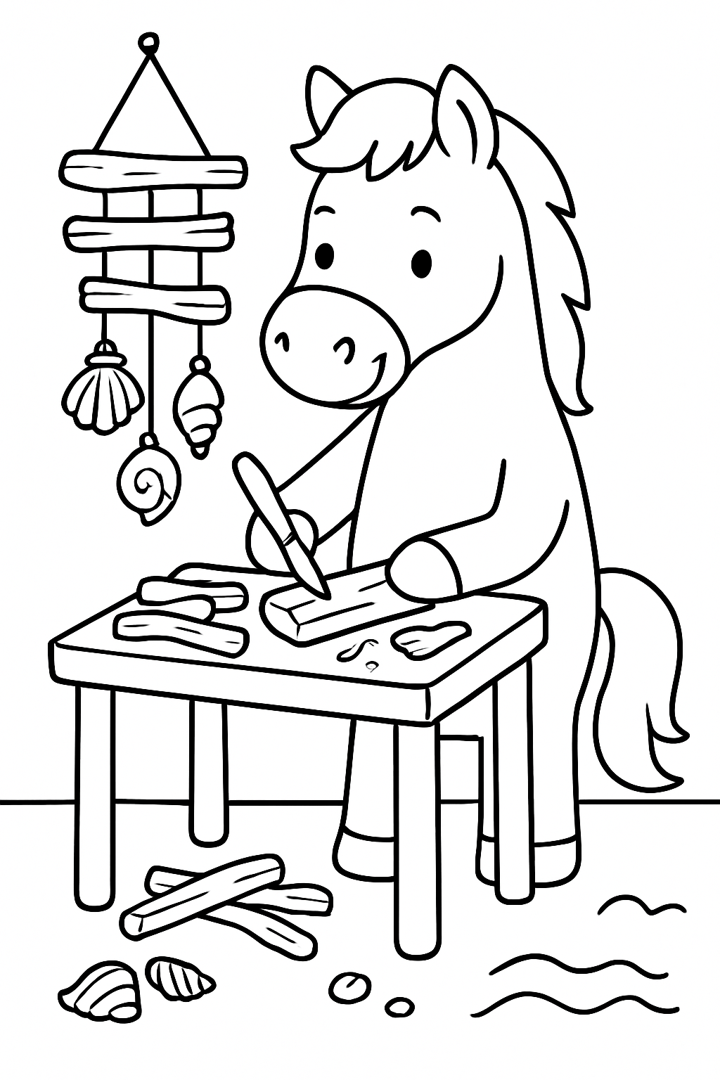 horse carving wind chimes from sea-driftwood