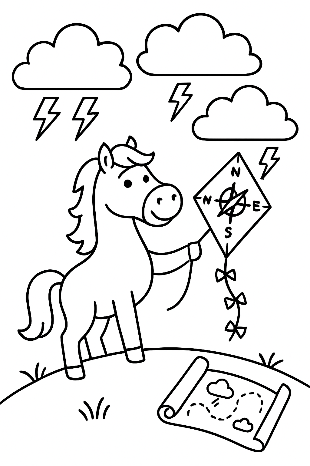 horse mapping thunderclouds with a kite compass