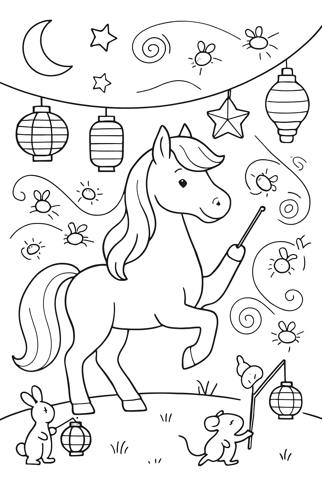 horse conducting fireflies in a lantern parade