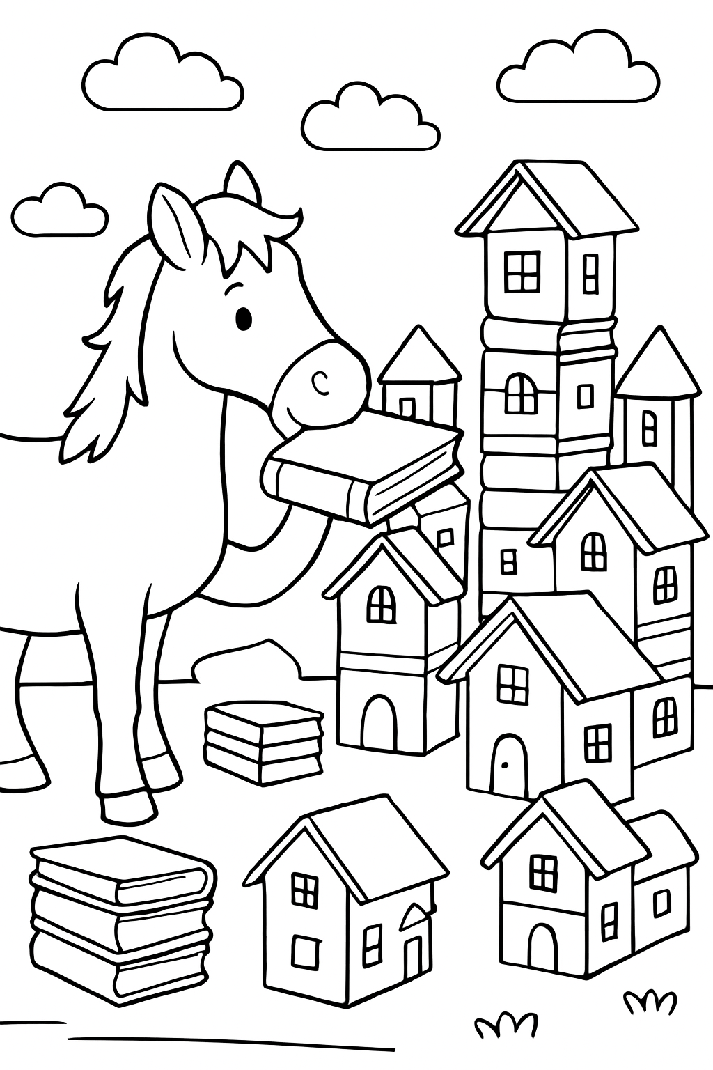 horse building a city of stacked books