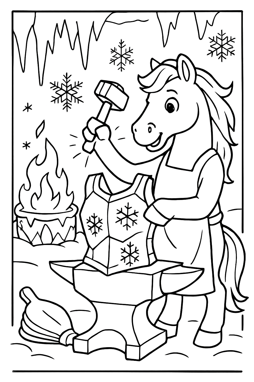 horse forging snow armor in an icy forge