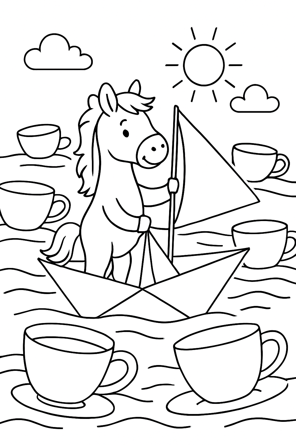 horse sailing a paper boat through teacups