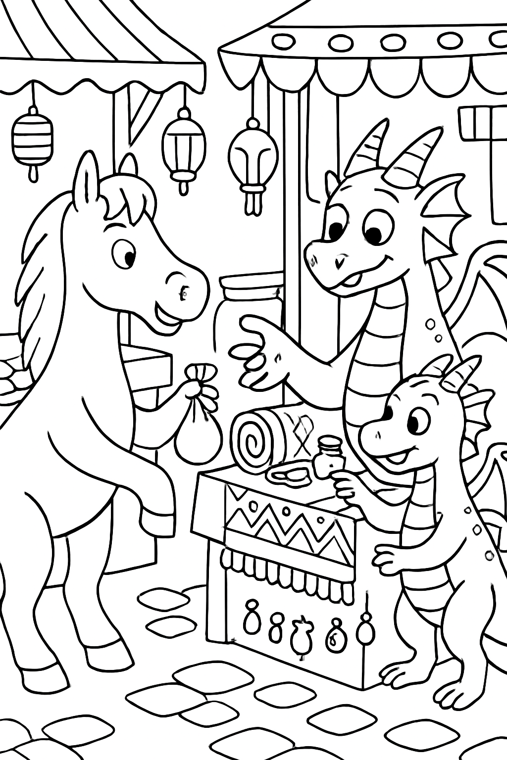 horse bargaining with dragons at a bazaar