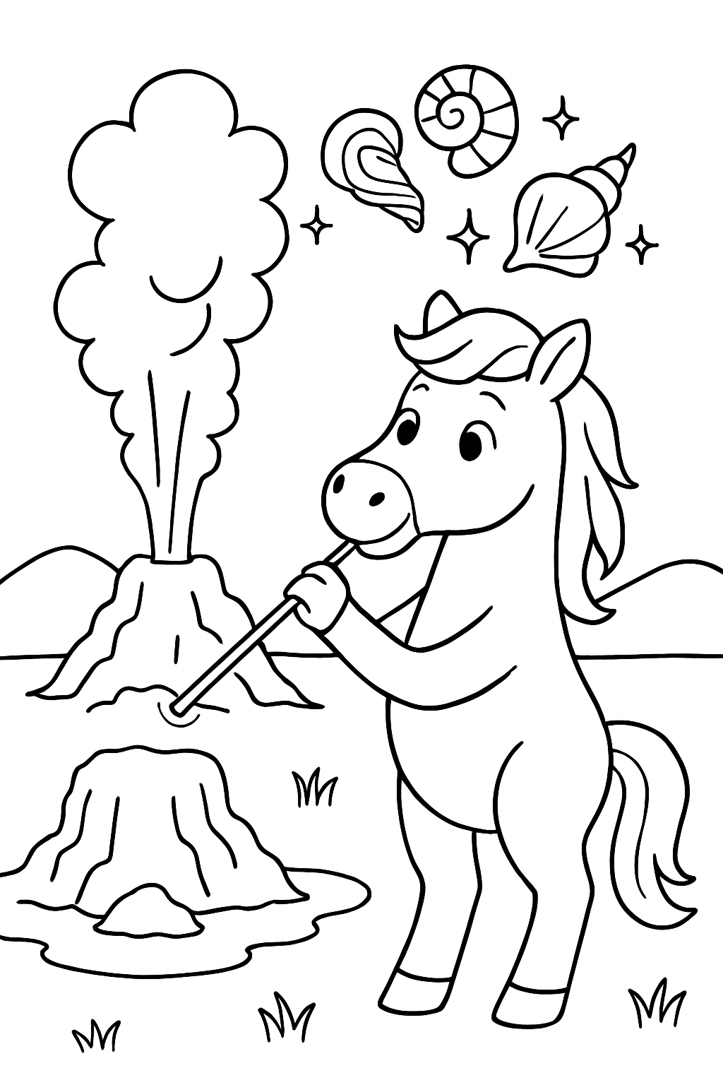 horse blowing glass seashells beside erupting geysers