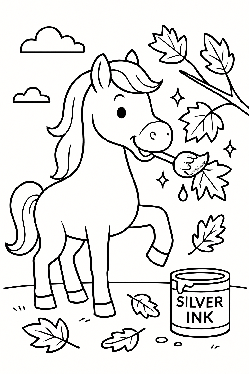 horse repainting autumn leaves with silver ink