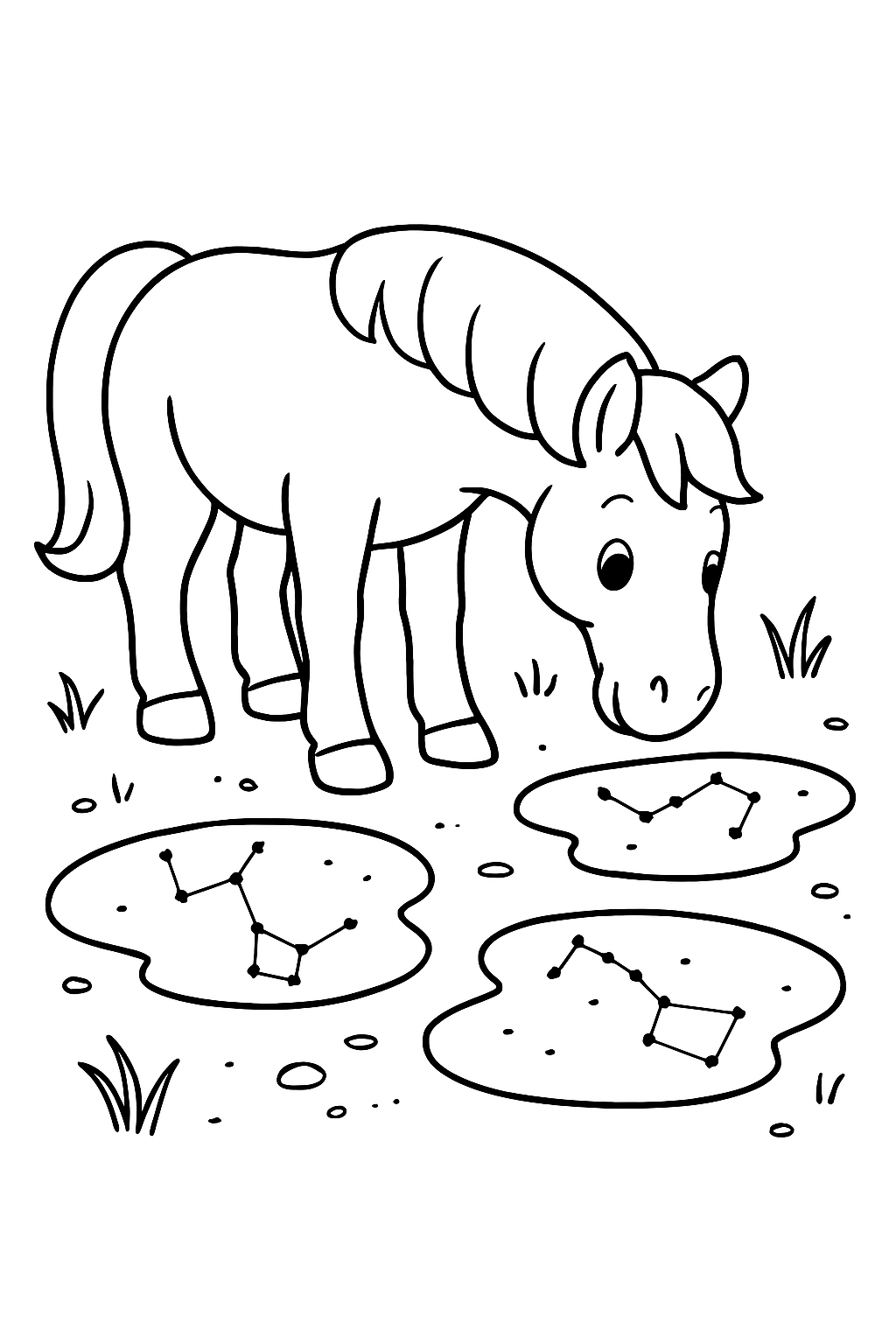 horse deciphering constellations reflected in puddles