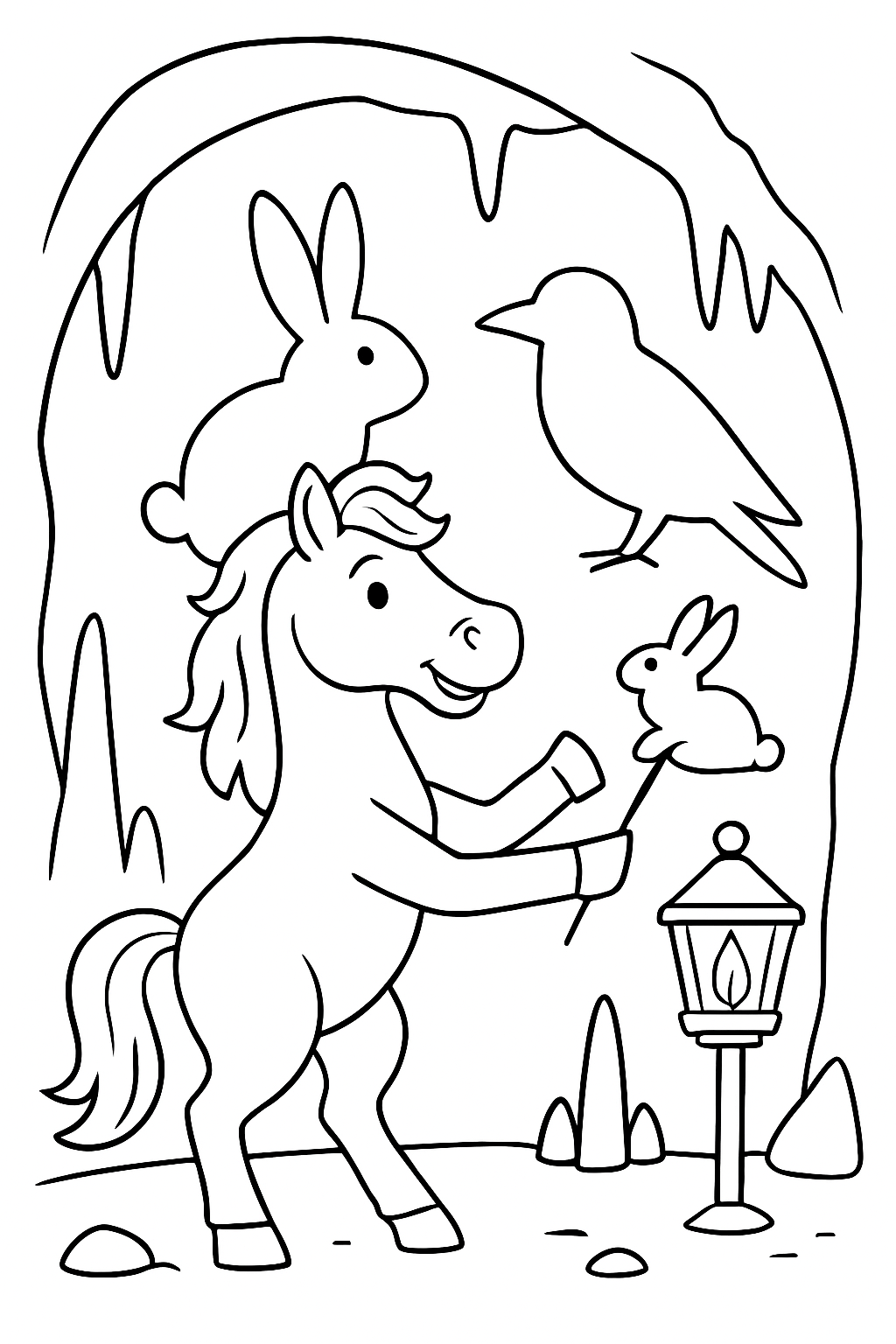 horse rehearsing shadow puppets against cave walls