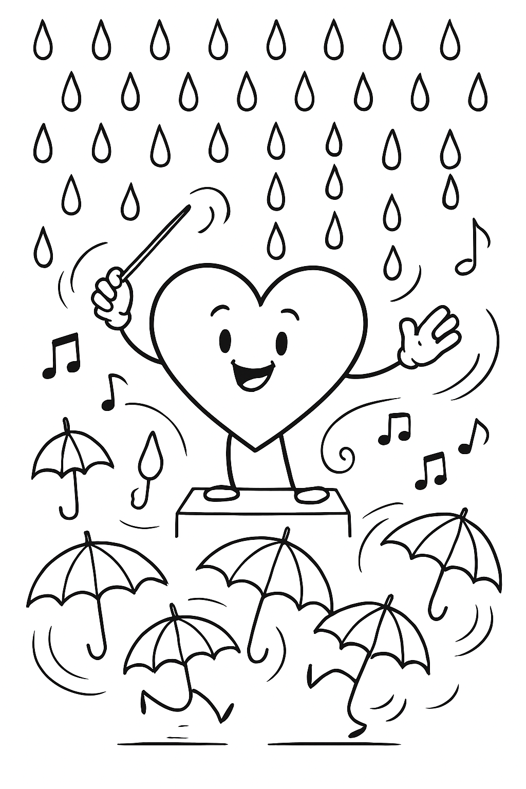 heart orchestrating raindrops into dancing umbrellas