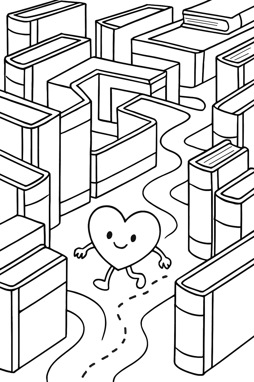 heart navigating a labyrinth of towering books