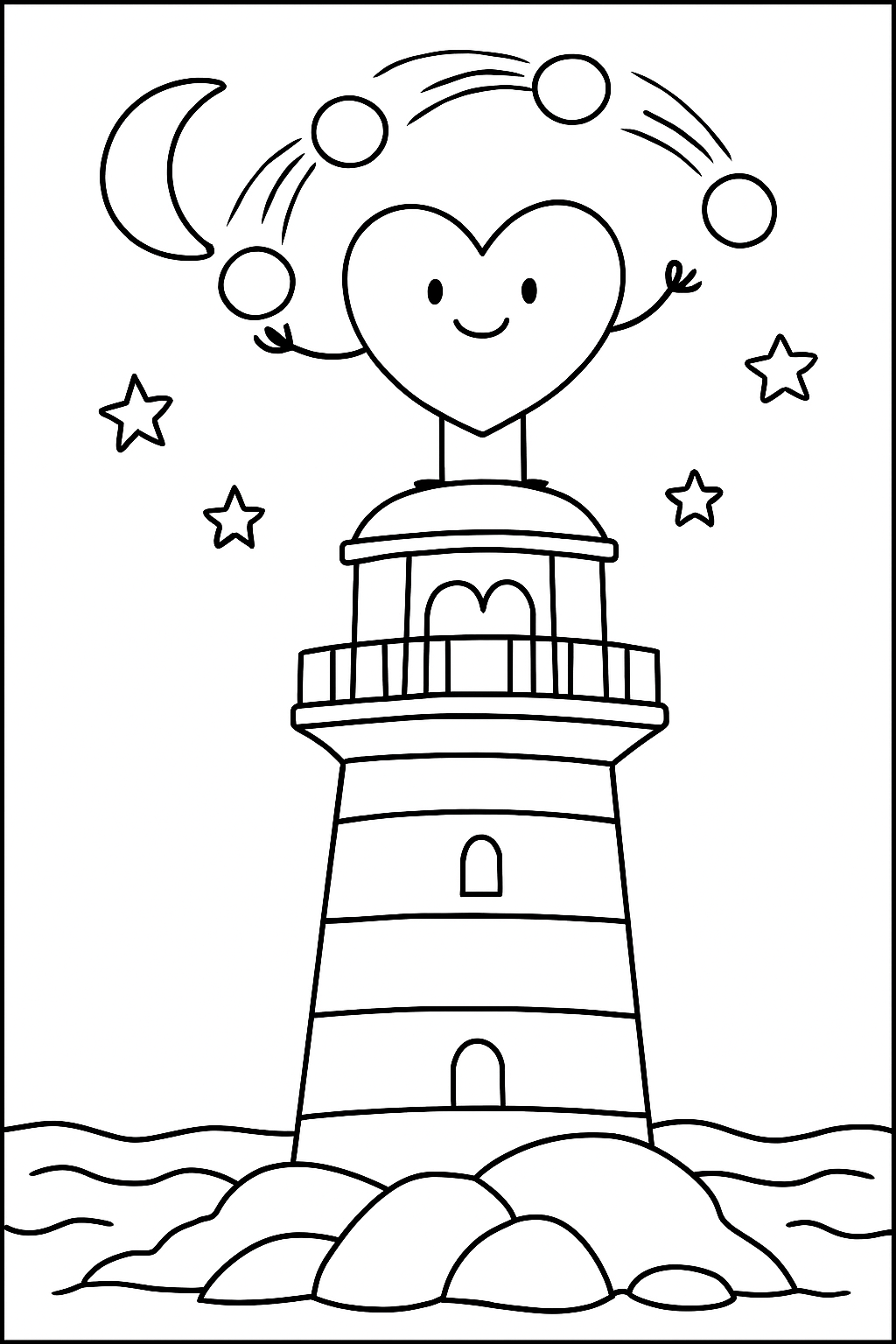 heart juggling comets atop a midnight lighthouse