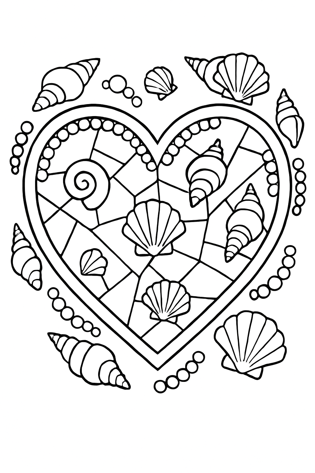 heart composing mosaics with seashells and pearls