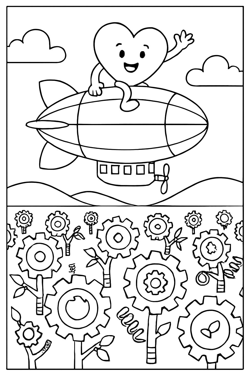 heart riding a zeppelin over clockwork orchards