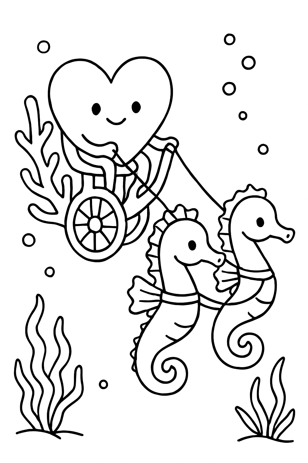 heart steering a coral chariot pulled by seahorses