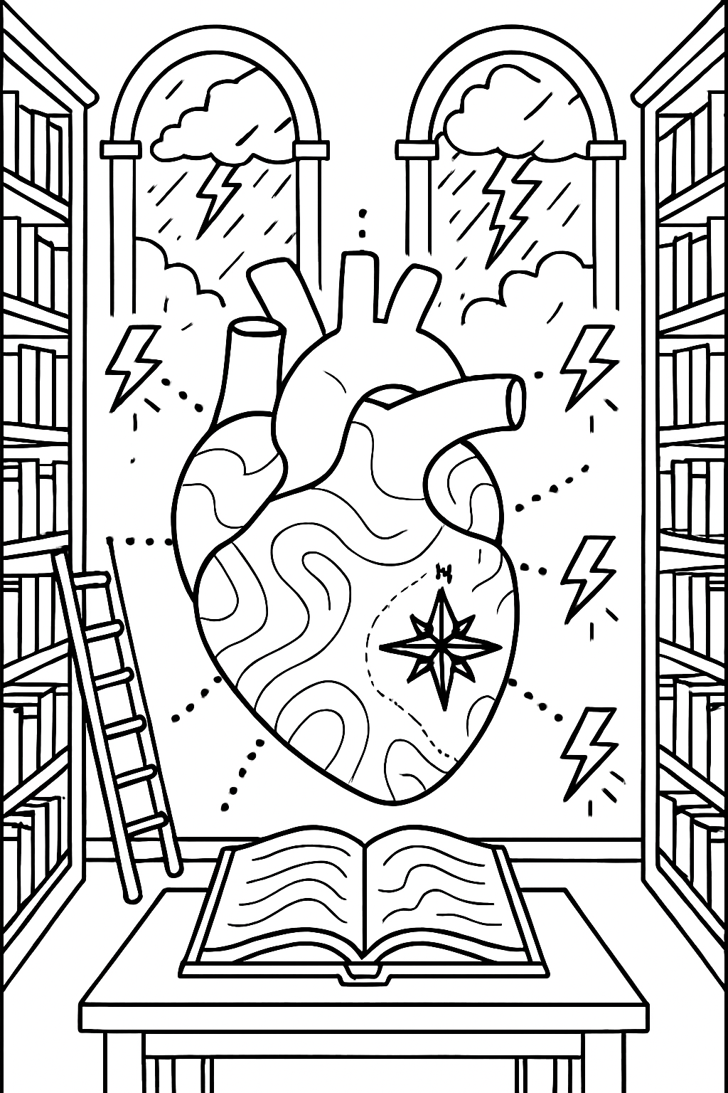 heart mapping thunderclaps across a stormy library