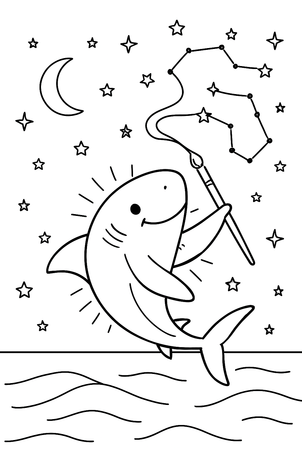 bioluminescent shark painting constellations across night sea