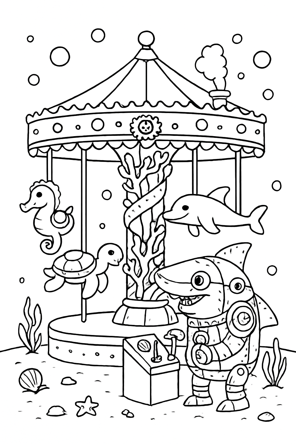 steam-powered shark operating a whimsical underwater carousel