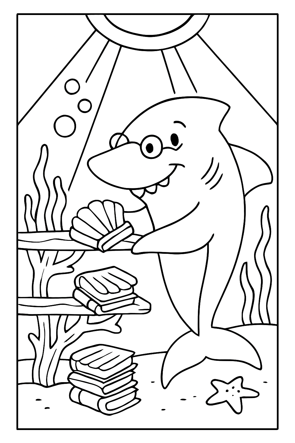 librarian shark sorting seashell books by moonlight
