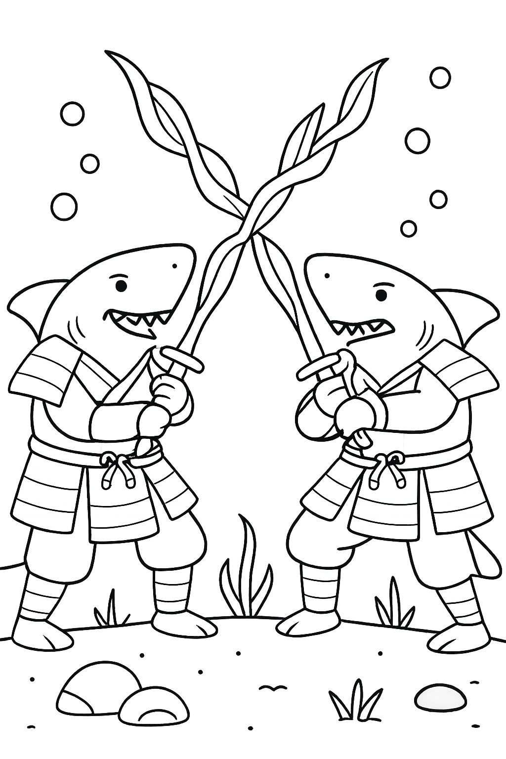 samurai shark dueling with seaweed katana ribbons