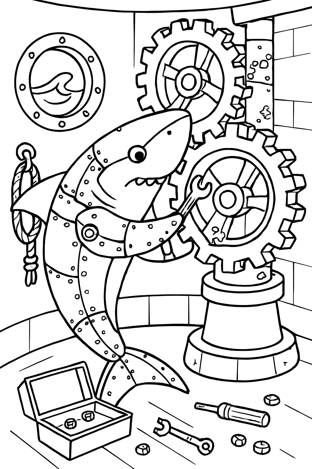 clockwork shark repairing tideworn lighthouse gears