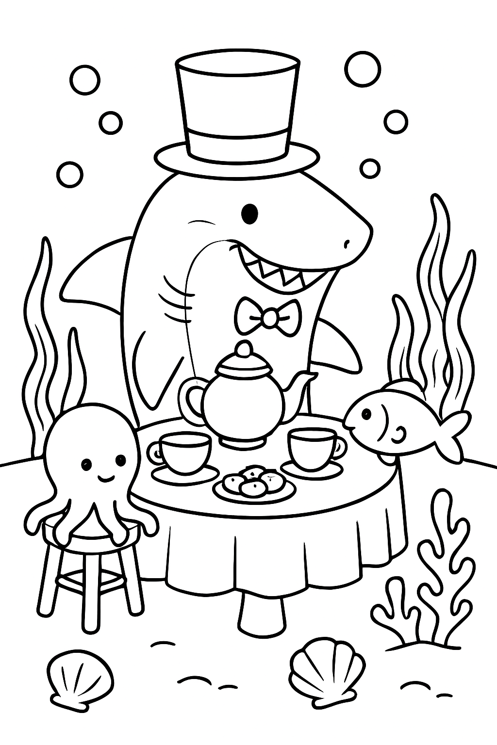 top-hatted shark hosting a tea party underwater