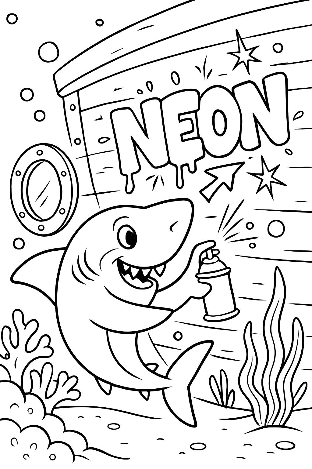 neon graffiti shark spray-painting shipwreck walls