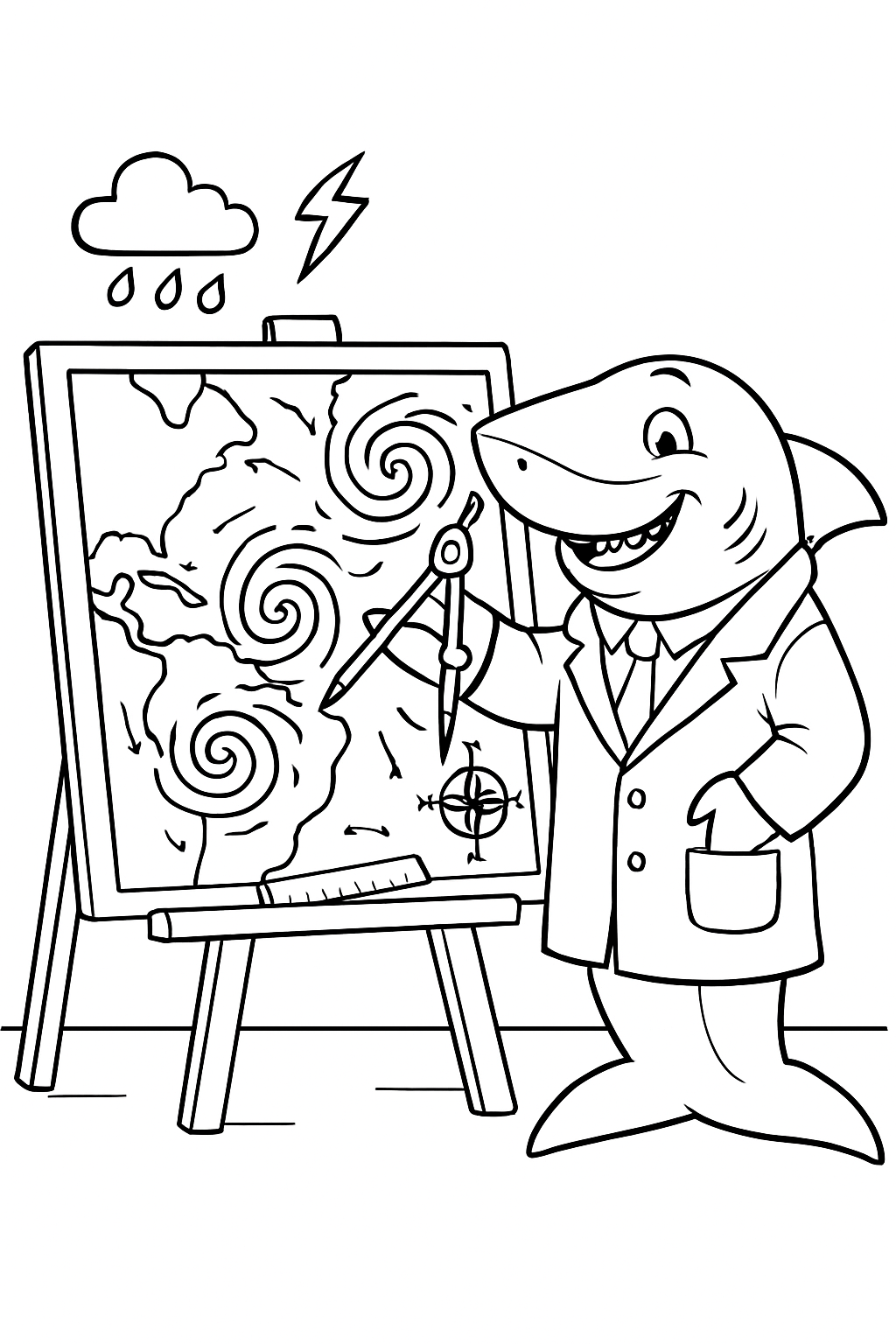 meteorologist shark charting storm swirls with compass