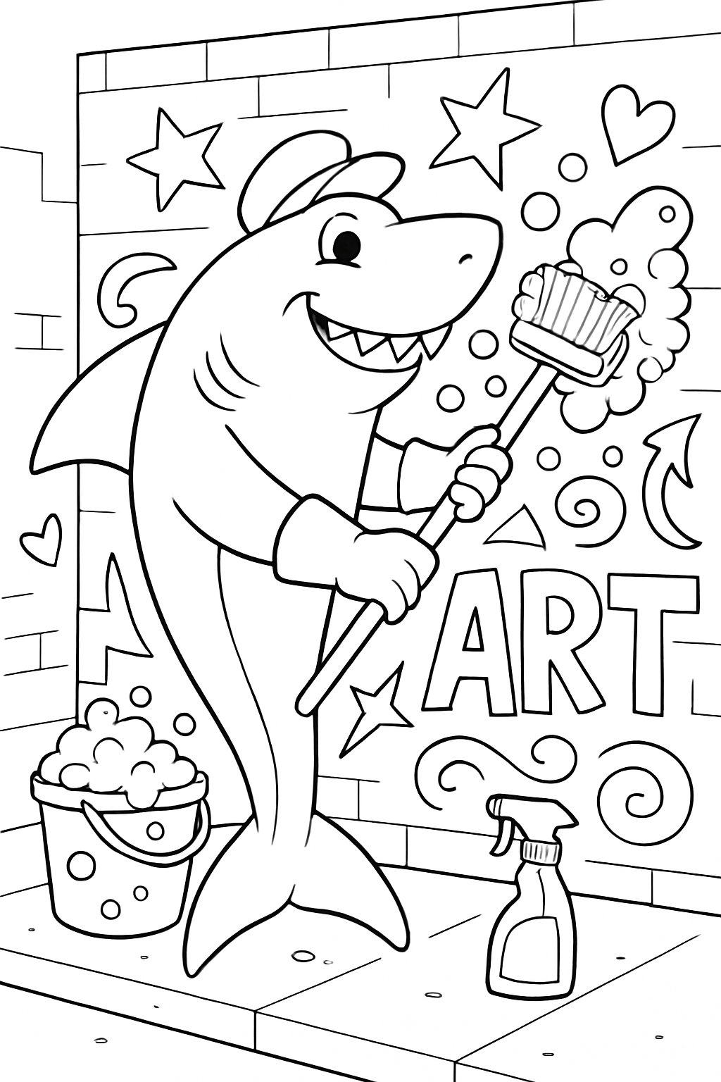 graffiti-cleaning shark scrubbing murals with bubbles