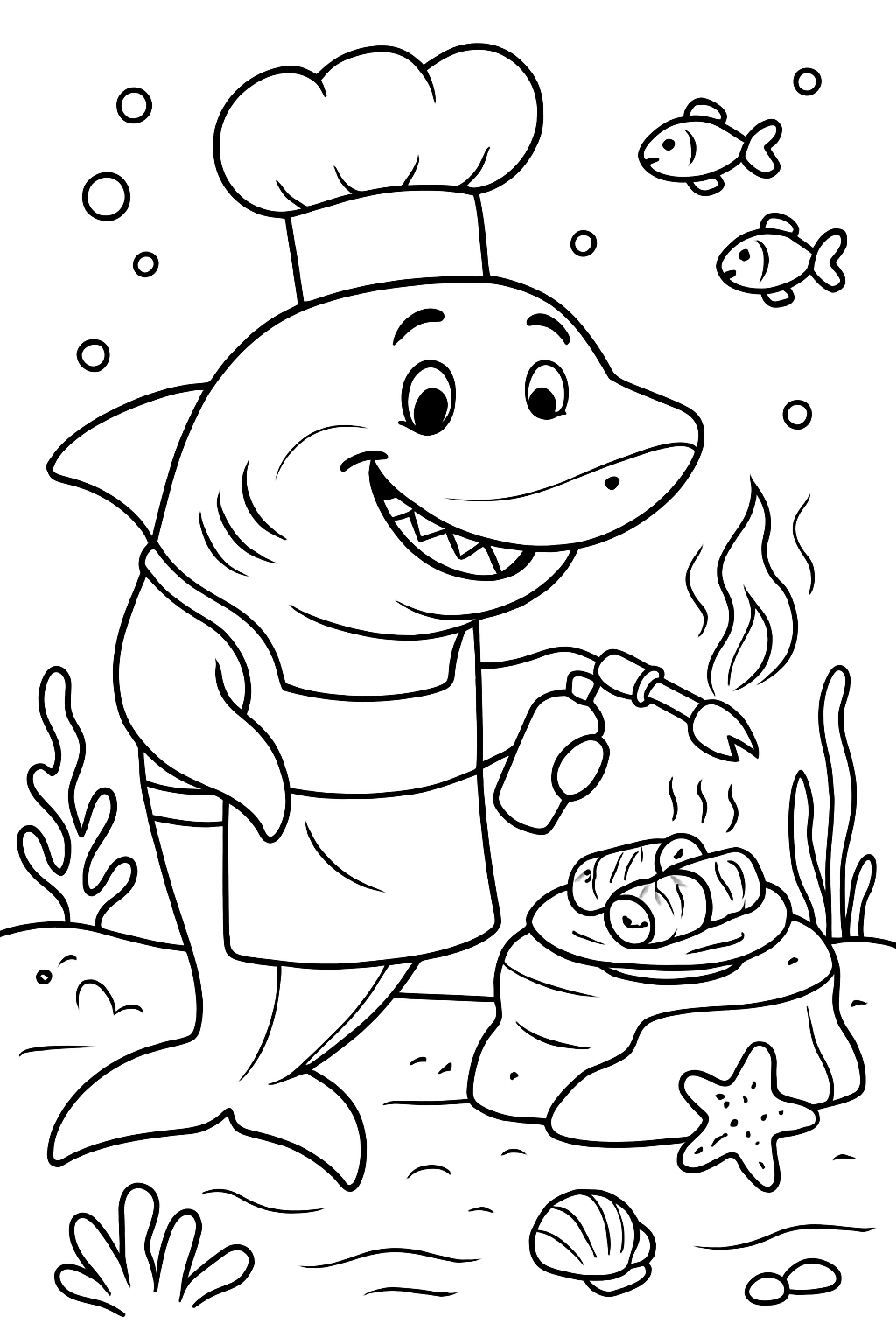 chef shark torching seaweed crepes on seafloor