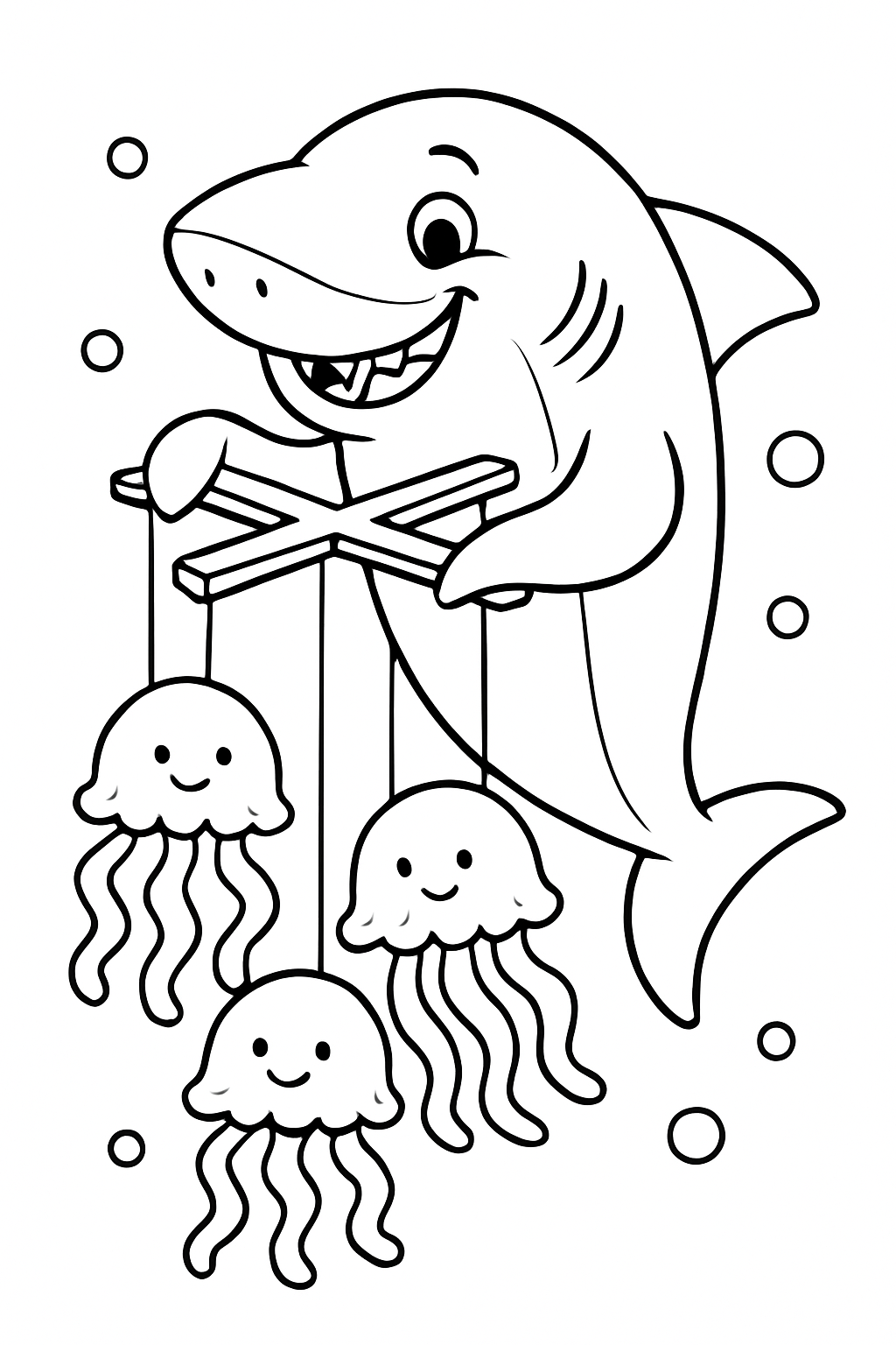 marionettist shark puppeteering jellyfish on strings