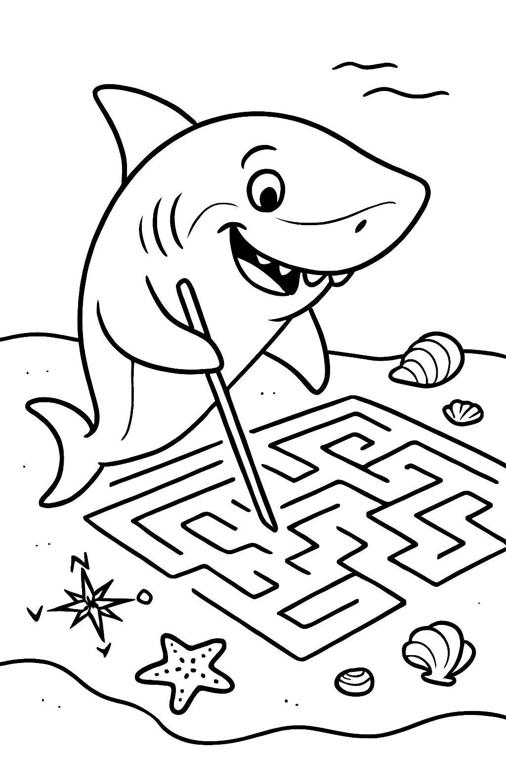 cartographer shark drawing labyrinth maps in sand