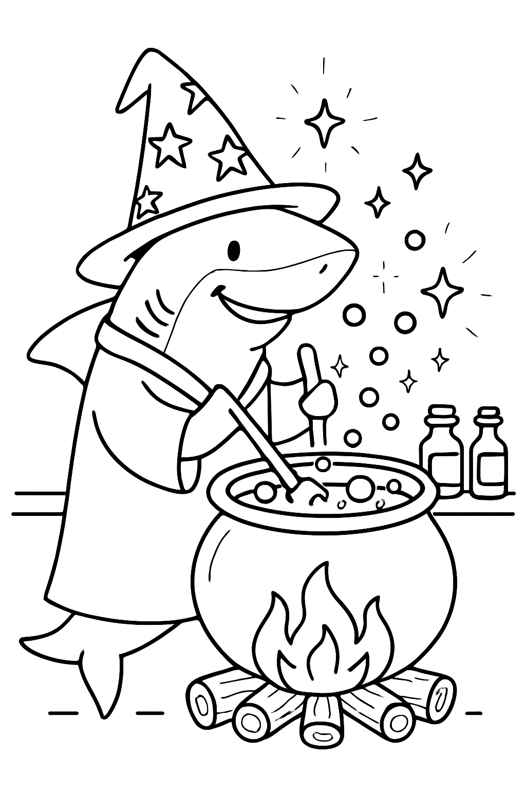 wizardly shark brewing phosphorescent potions in cauldron