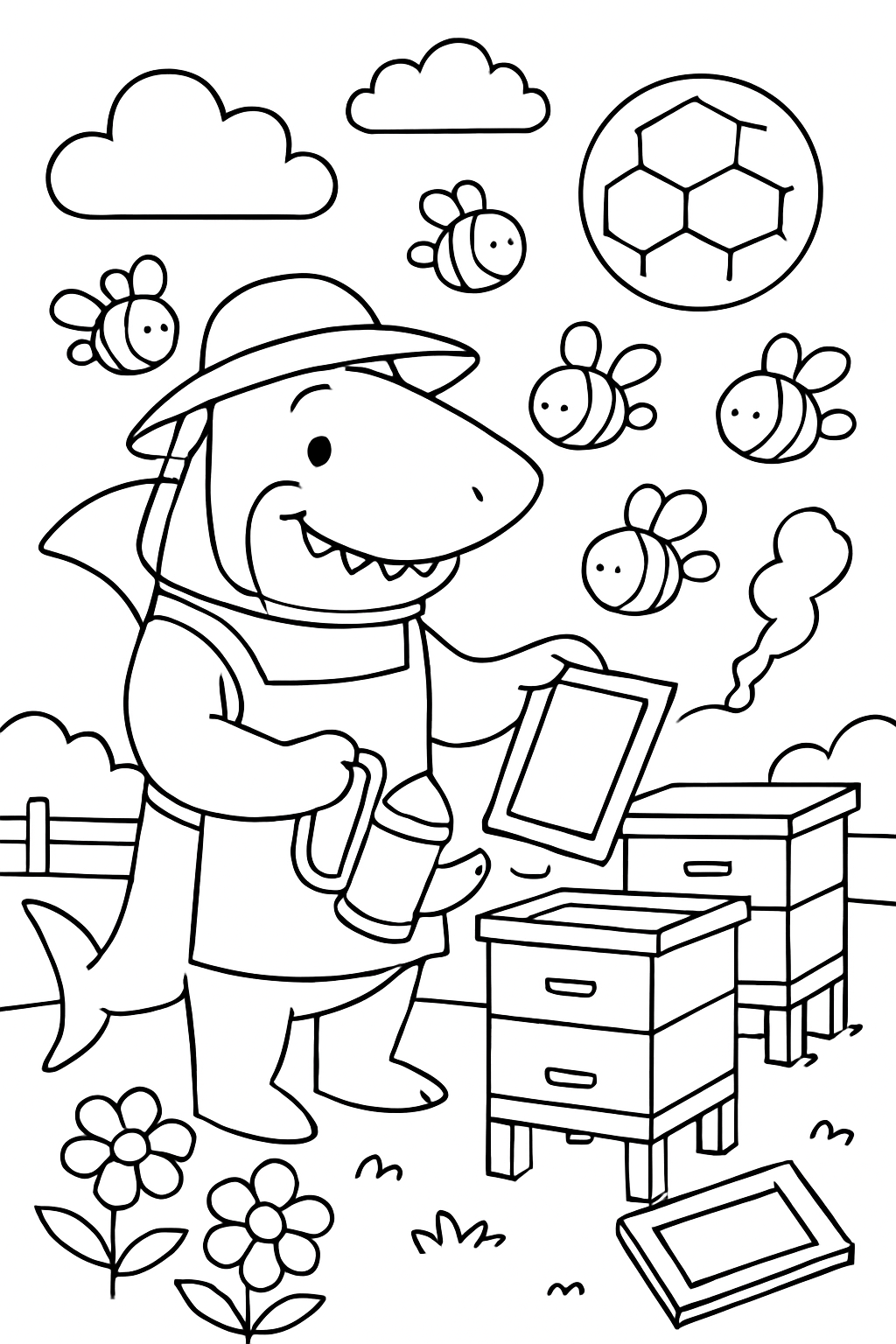 beekeeper shark tending bubble-bees in hives