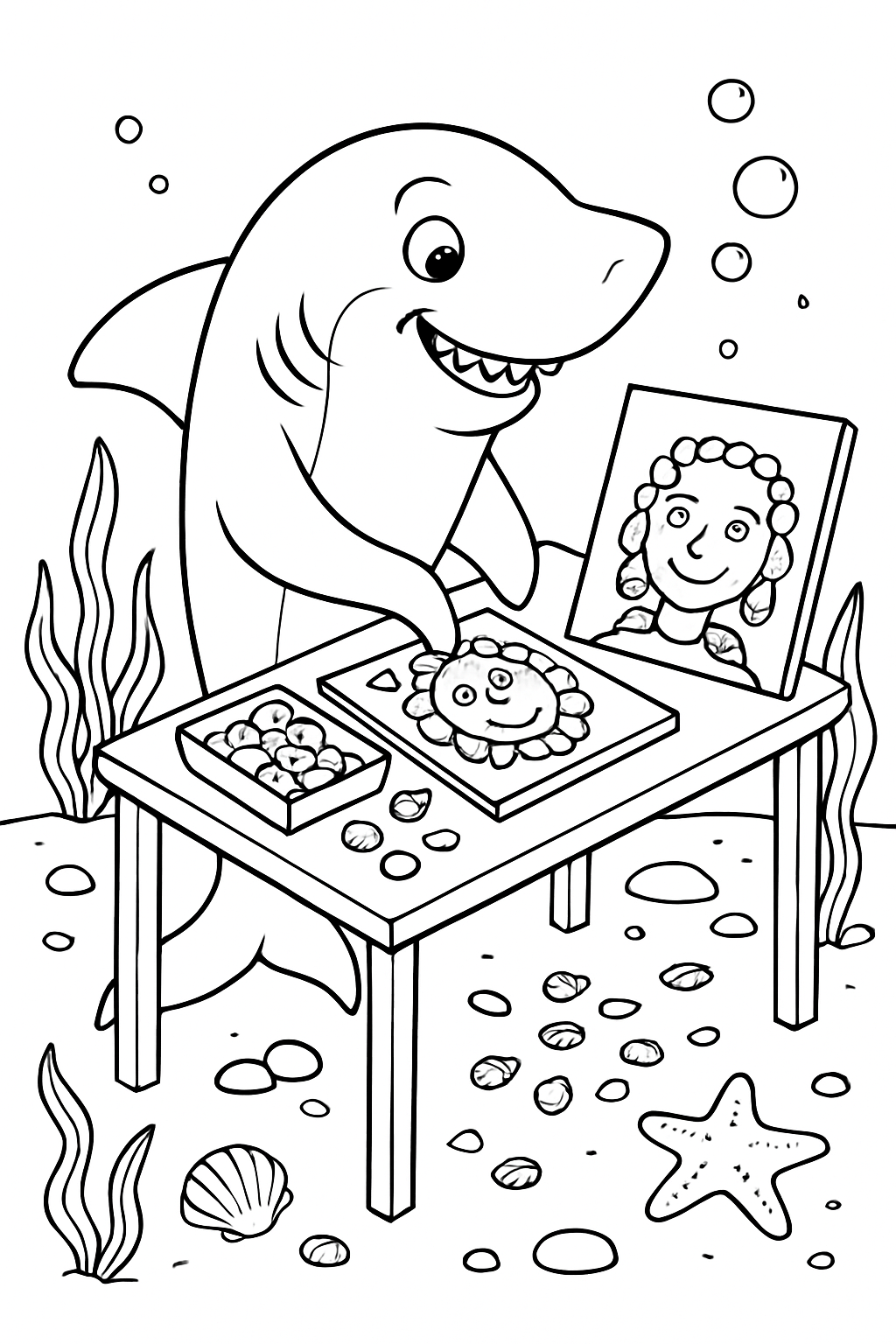 mosaic artist shark arranging shells into portraits