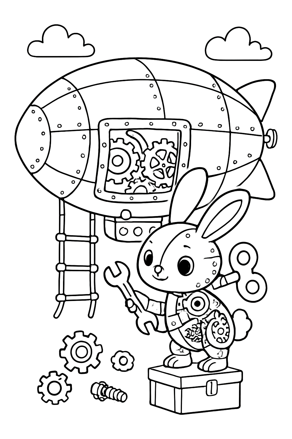 clockwork bunny repairing a steampunk airship