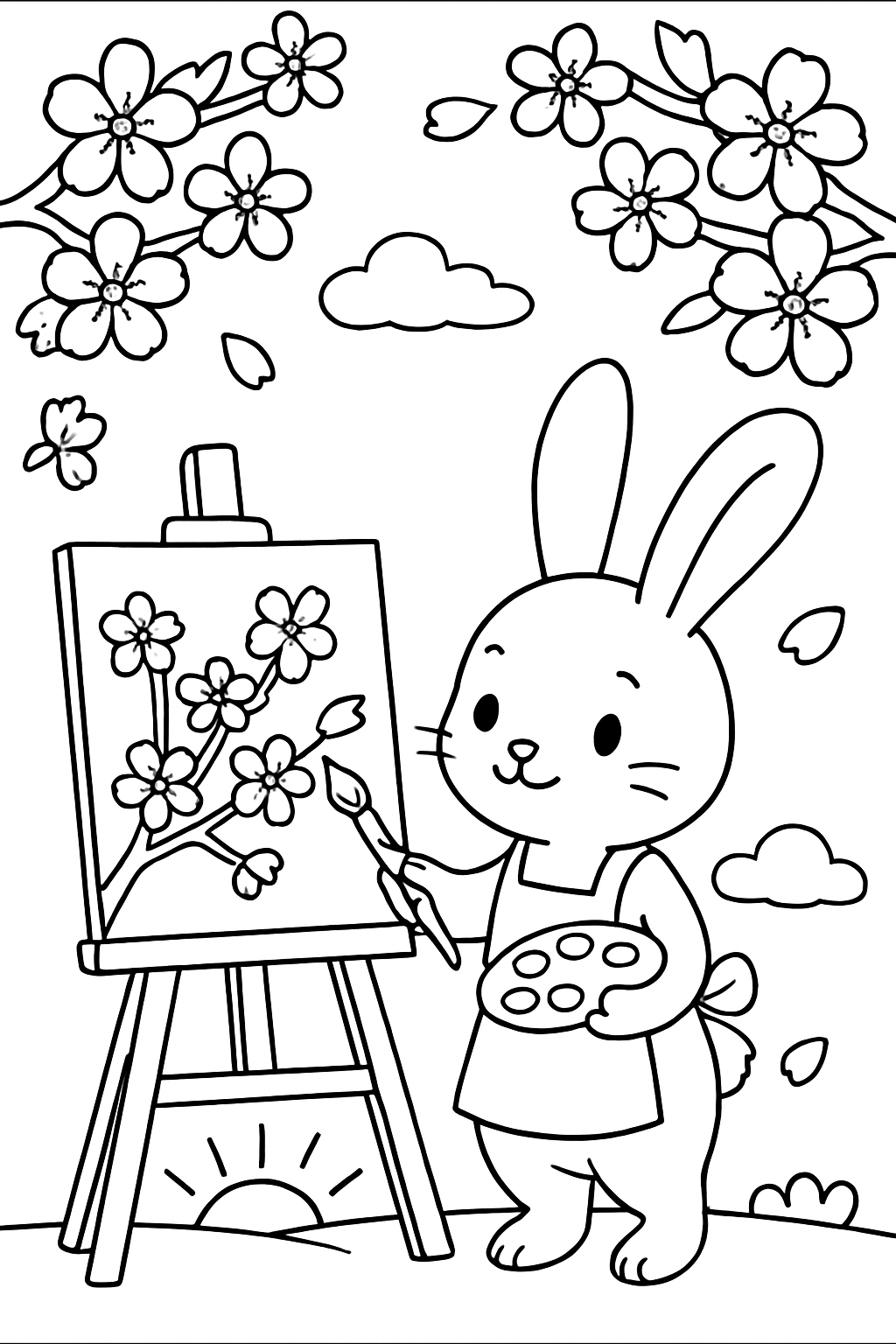 watercolor bunny painting cherry blossoms at dawn