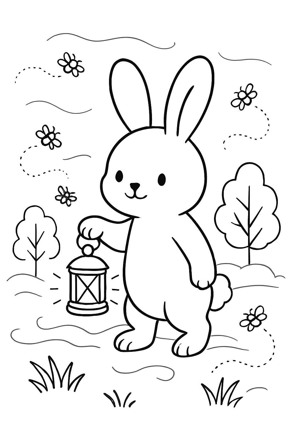 lantern-lit bunny guiding fireflies through fog