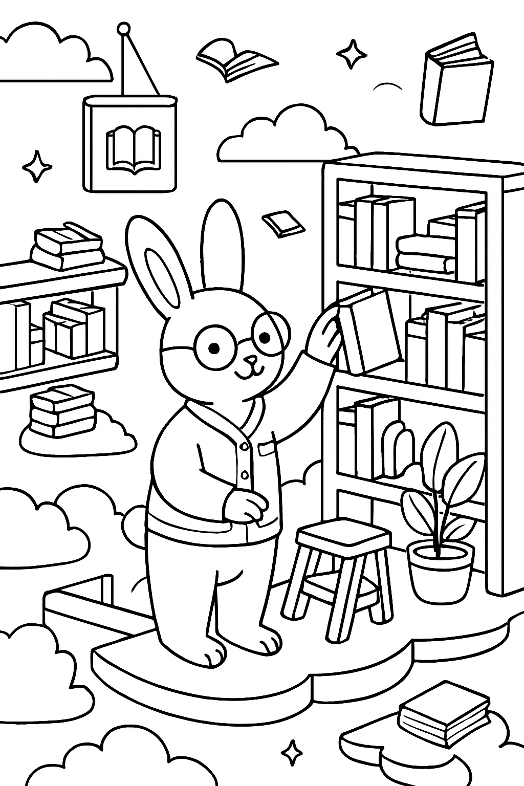 librarian bunny shelving books in floating library