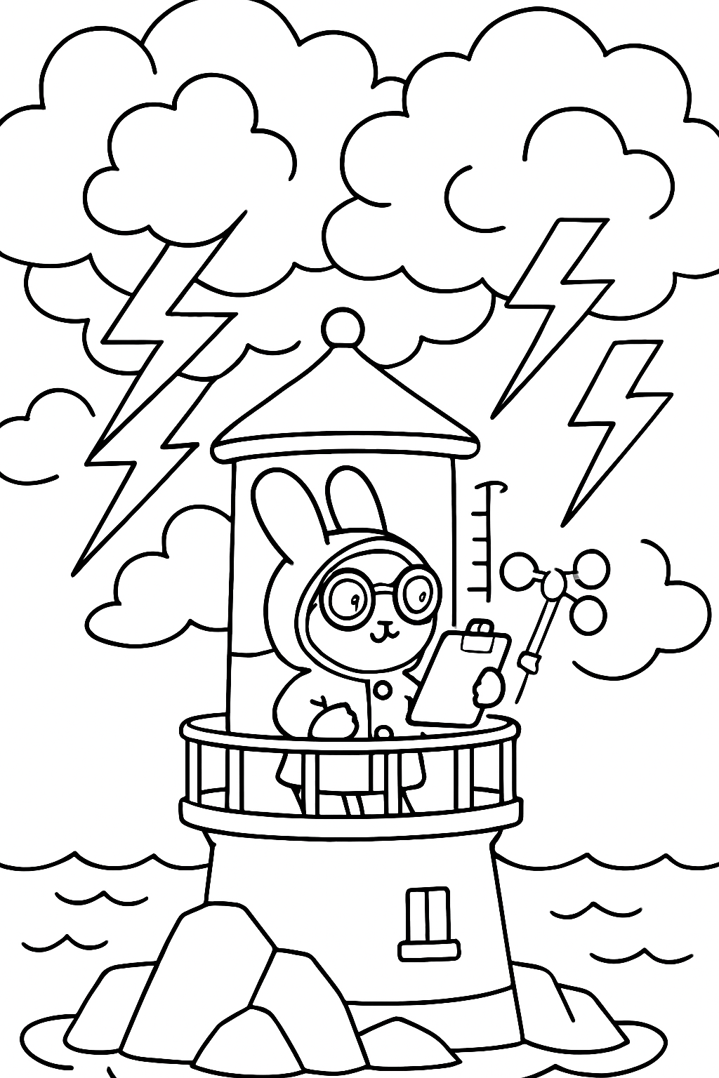 storm-chasing bunny measuring thunderclouds from lighthouse