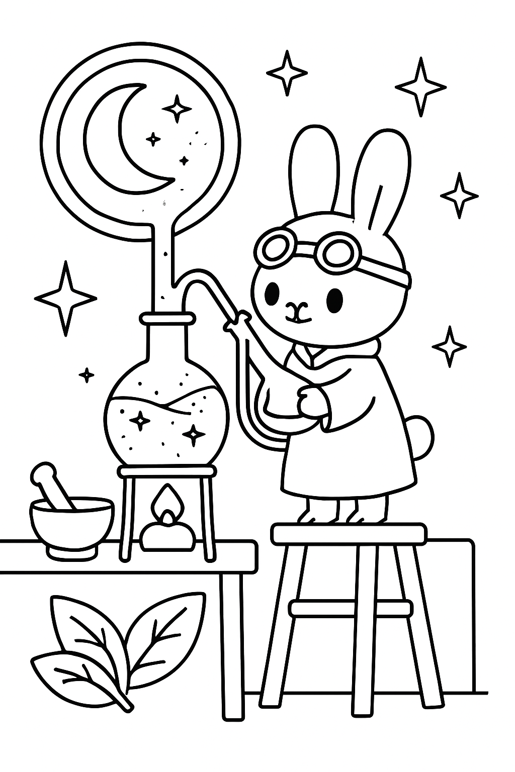 alchemist bunny distilling moonlight in glass alembic