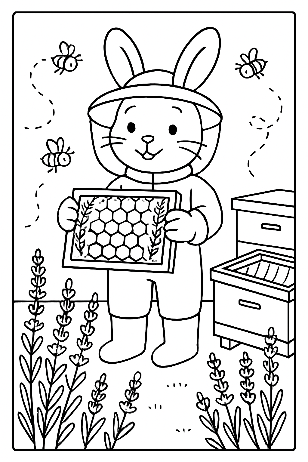 beekeeper bunny harvesting lavender honeycombs