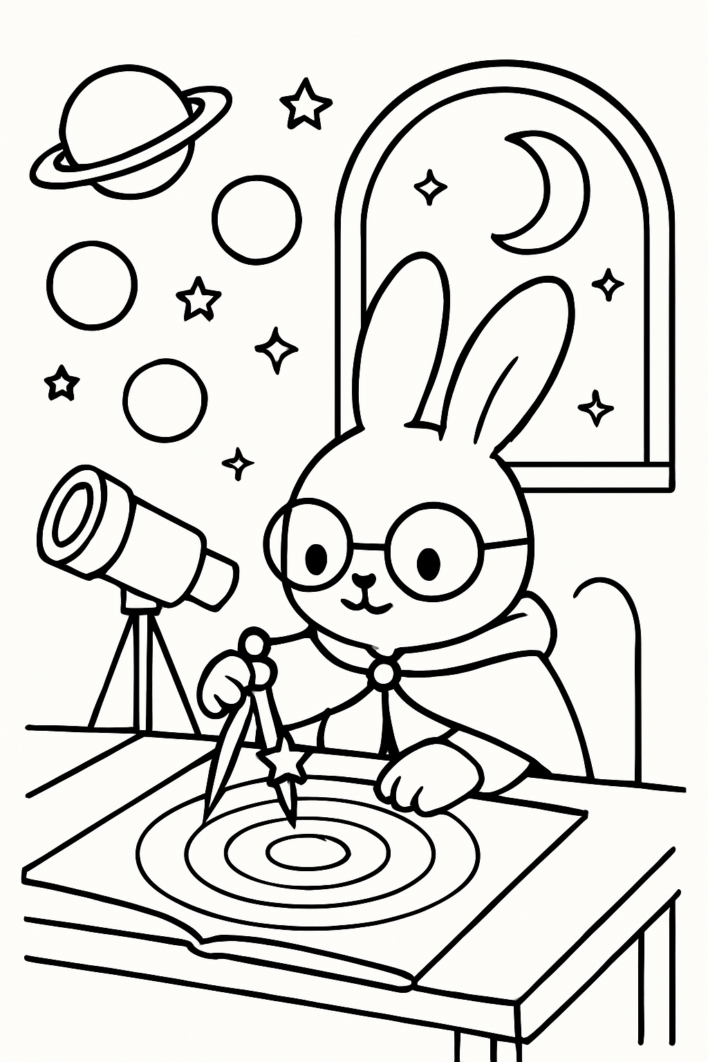 astronomer bunny charting planets with star compass