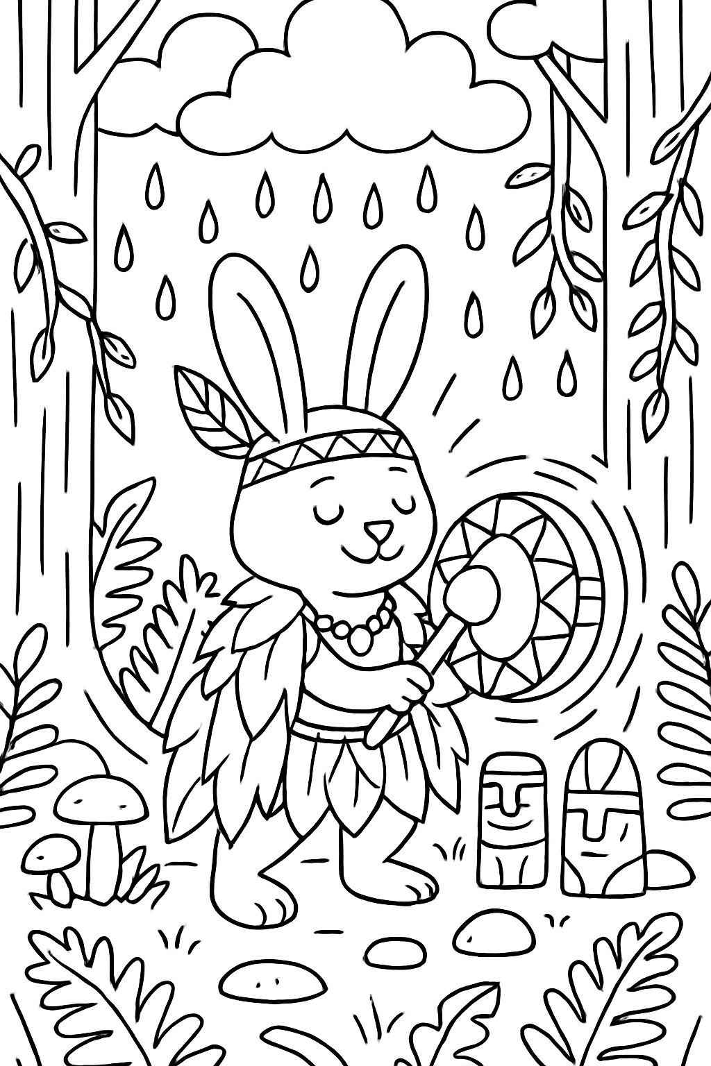 deep-forest shaman bunny summoning rain with drums