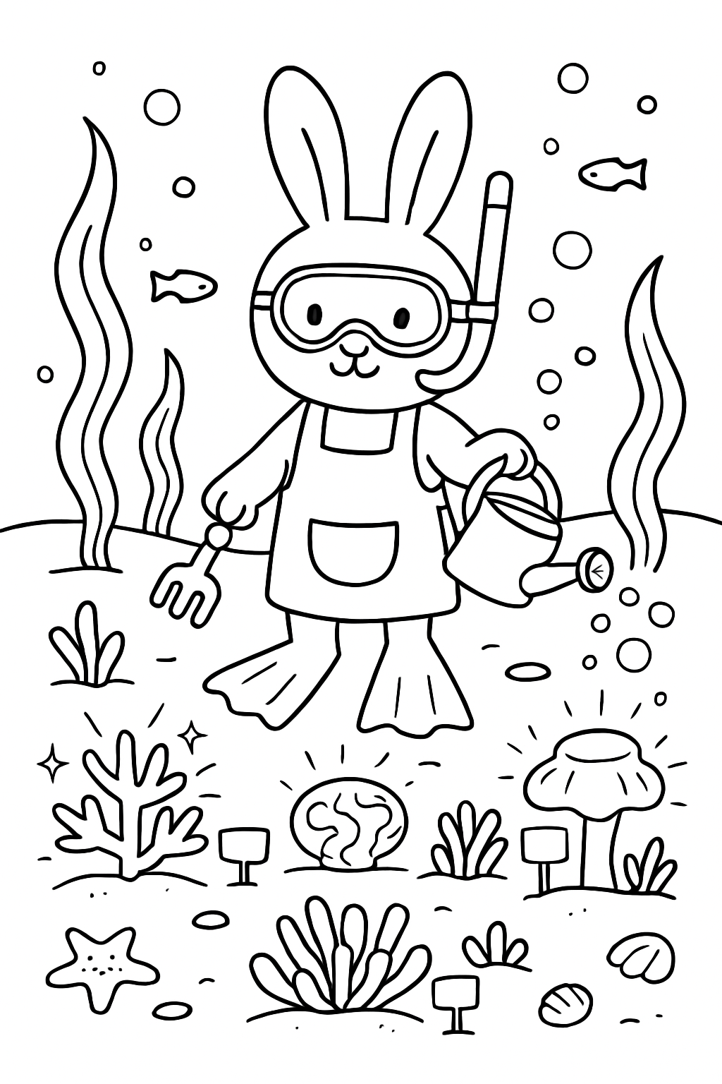 underwater gardener bunny tending bioluminescent coral garden