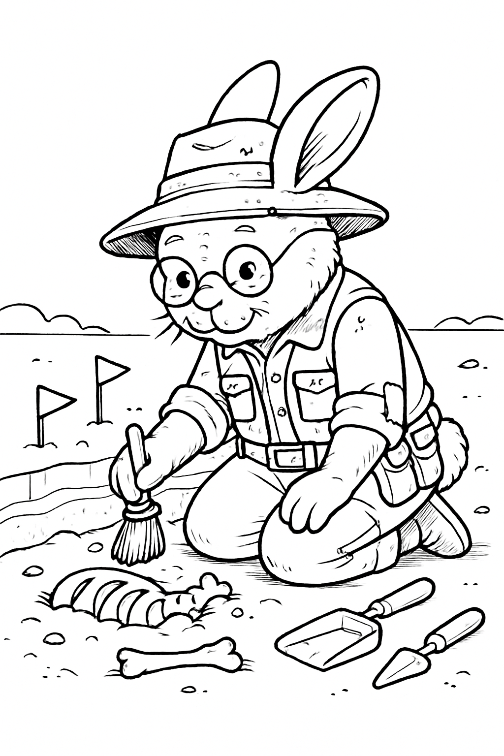 timeworn archaeologist bunny brushing fossils at digsite