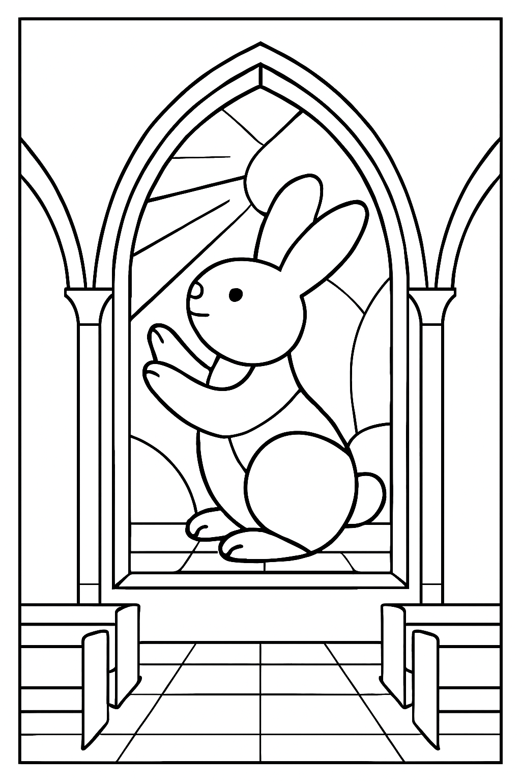 stained-glass bunny catching sunbeams in chapel