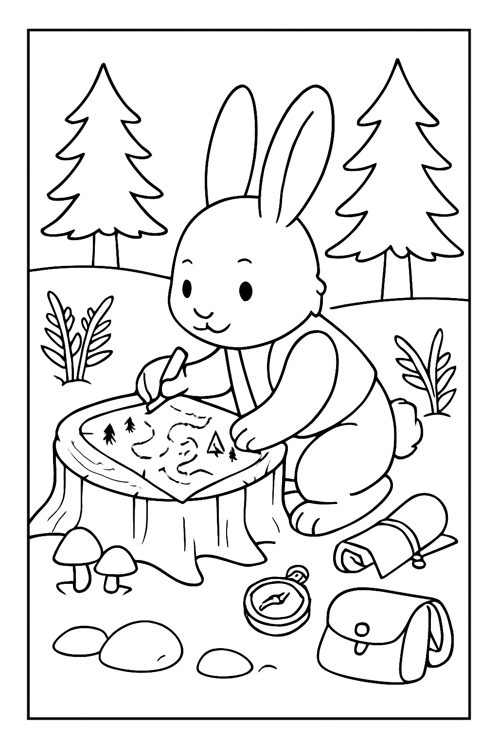 forest cartographer bunny drawing trails on bark