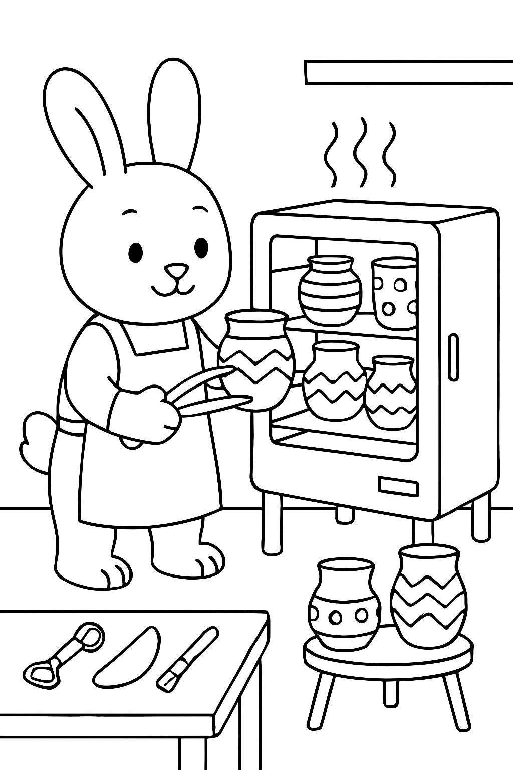 ceramicist bunny firing patterned pots in kiln