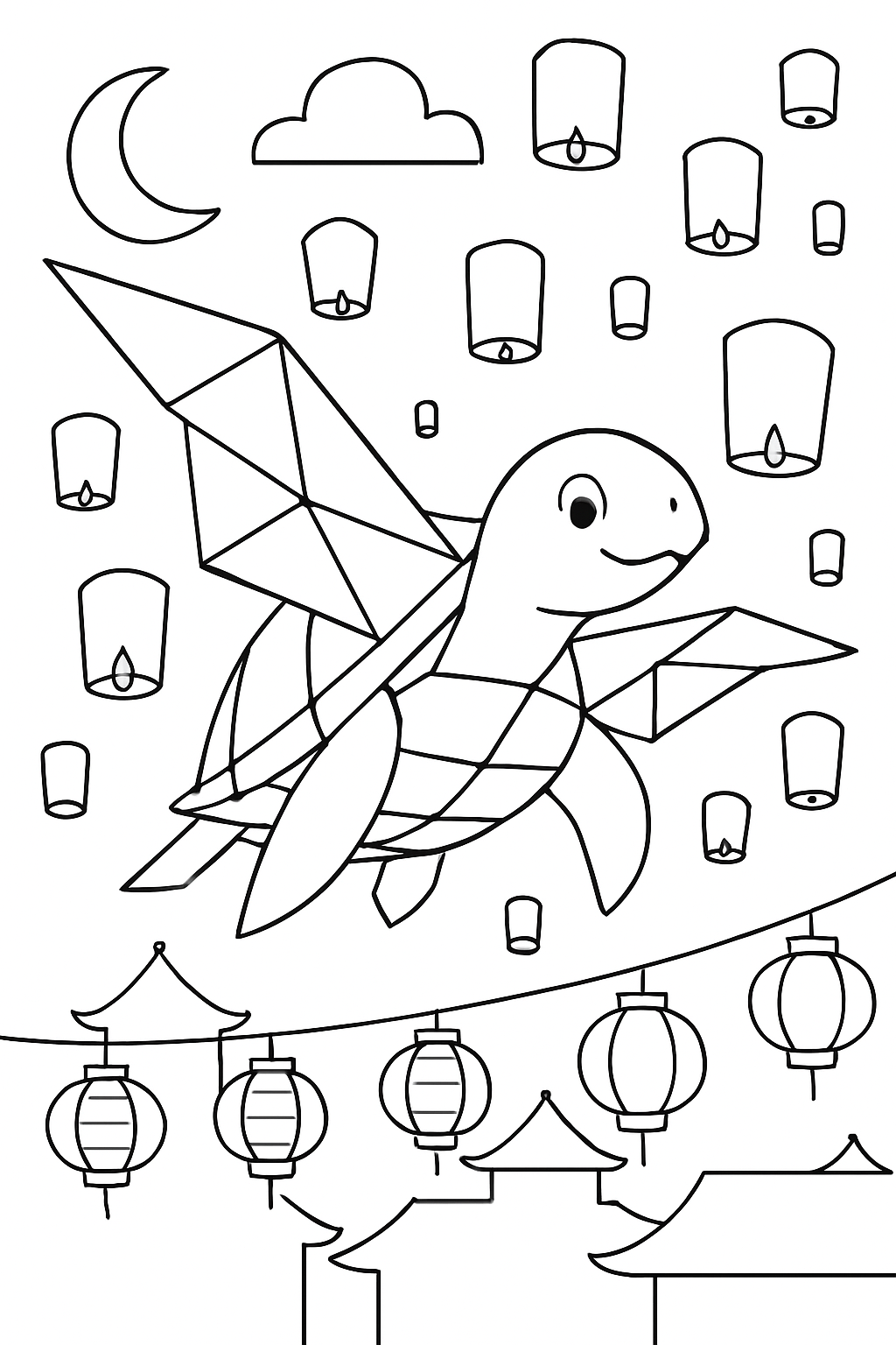 origami-winged turtle gliding over lantern festival